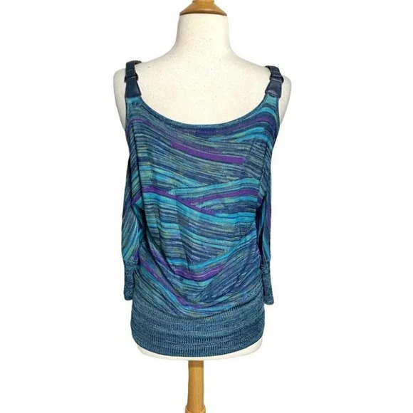 Vintage Cache women's M blue + purple cold shoulder rayon top Y2K Retro - Picture 6 of 7